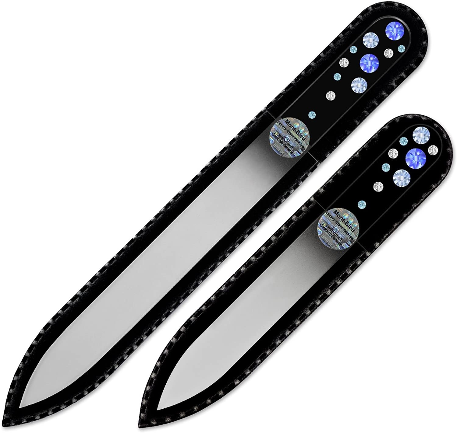 Gifts for Girlfriend - Mont Bleu Premium Set of 2 Glass Nail Files Hand Decorated with Crystals - Genuine Czech Tempered Glass - Nail Supplies - Crystal Nail Files for Manicure Tool Kit Health & Beauty > Personal Care > Cosmetics > Cosmetic Tools > Nail Tools Mont Bleu Sapphire - Light Sapphire  