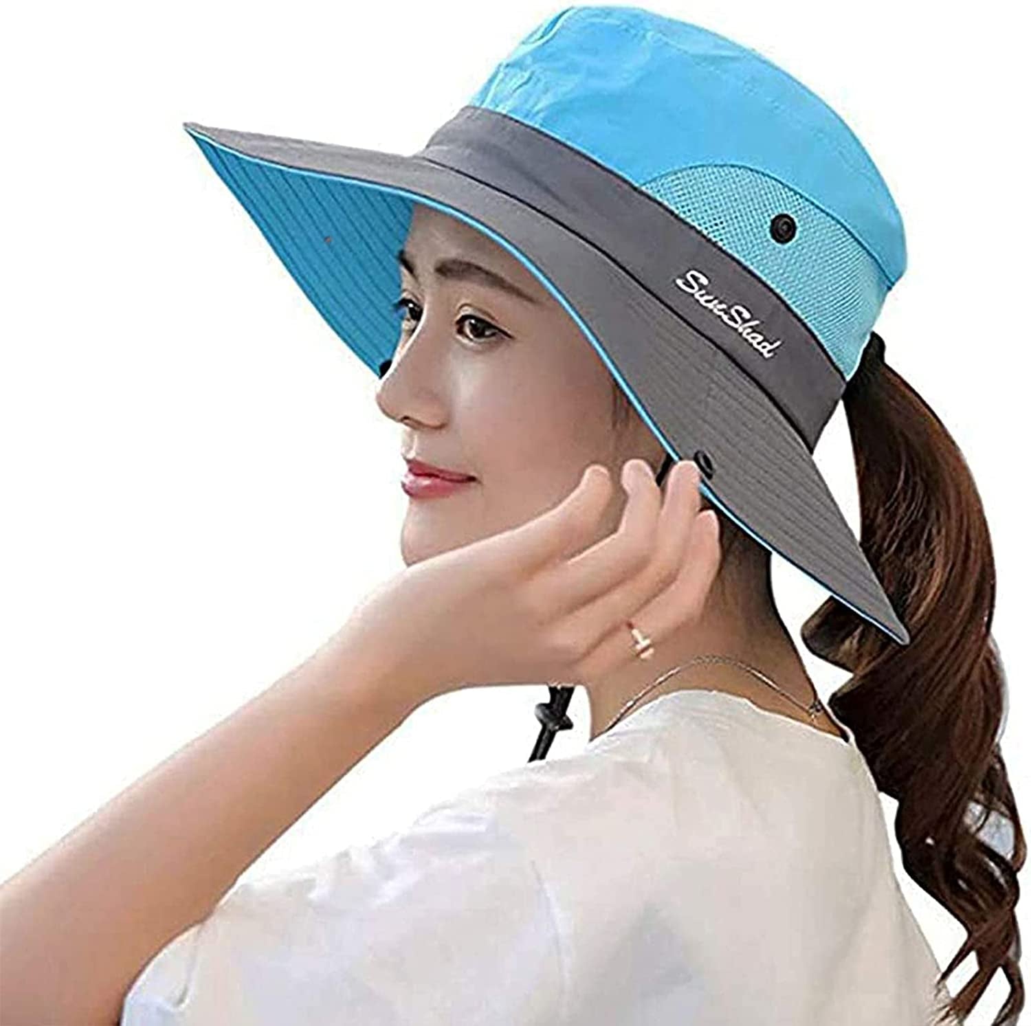 Sun Hat Womens Uv Protection Wide Brim Foldable Mesh Bucket Fishing Hat Ponytail Hole for Summer Hiking Swimming Beach Apparel & Accessories > Clothing Accessories > Hats UTOWO Blue Medium 