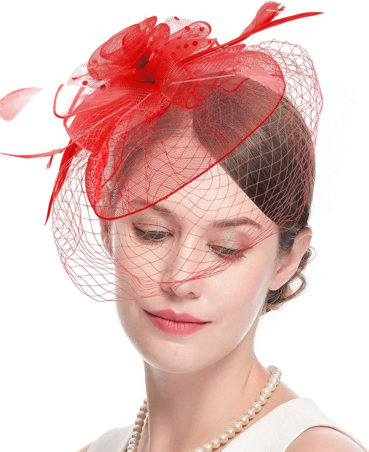 Fascinators Hats 20S 50S Hat Pillbox Hat Cocktail Tea Party Headwear with Veil for Girls and Women Apparel & Accessories > Clothing Accessories > Headwear Cizoe D-red  