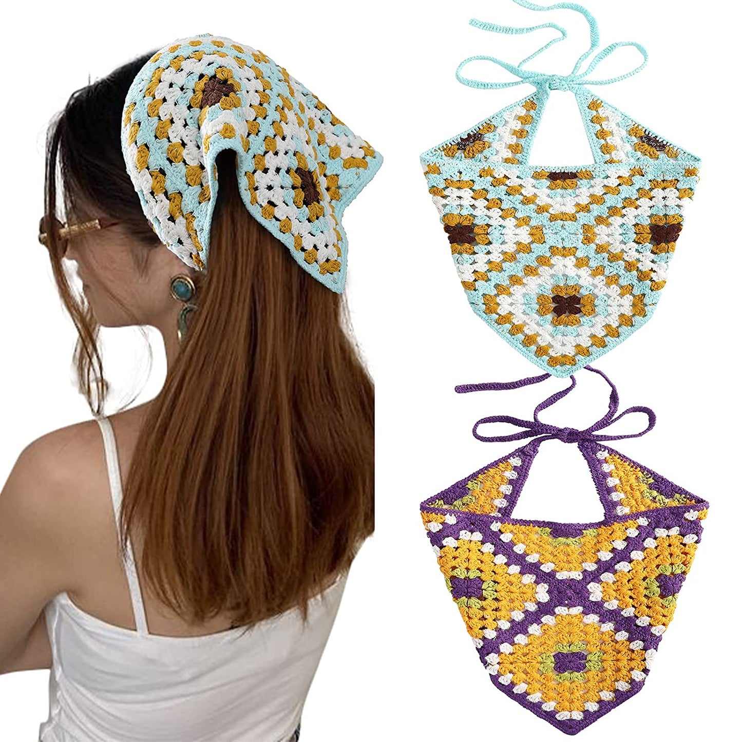 Crochet Bandana Head Kerchief Hair Scarf 2Pcs Knitted Hair Scarves Crochet Hair Kerchief Tie Bcak Headwrap Floral Hair Bandanas for Women Girls Scarf (Daisy(Purple+Green)) Apparel & Accessories > Clothing Accessories > Bandanas & Headties AWAYTR Square (Blue + Purple)  