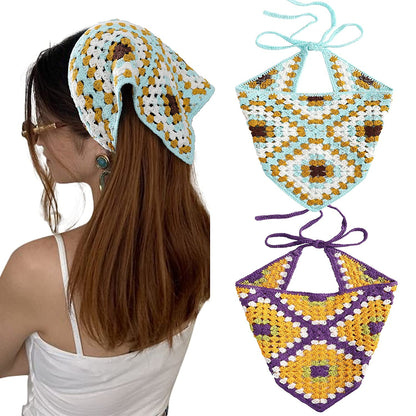 Crochet Bandana Head Kerchief Hair Scarf 2Pcs Knitted Hair Scarves Crochet Hair Kerchief Tie Bcak Headwrap Floral Hair Bandanas for Women Girls Scarf (Daisy(Purple+Green)) Apparel & Accessories > Clothing Accessories > Bandanas & Headties AWAYTR Square (Blue + Purple)  
