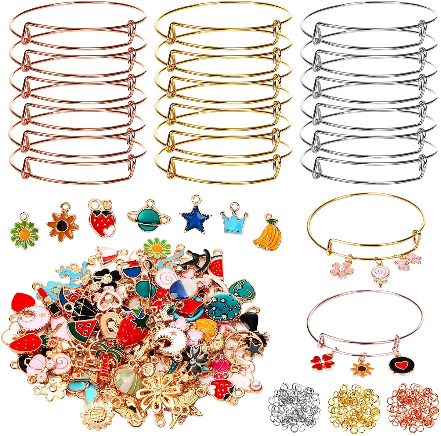 UPINS 30Pcs Silver Expandable Blank Bracelets Adjustable Wire Bangles with 100Pcs Tibetan Silver Charms, 200Pcs Open Jump Rings for Jewelry Making Apparel & Accessories > Jewelry > Bracelets UPINS Multicolor  