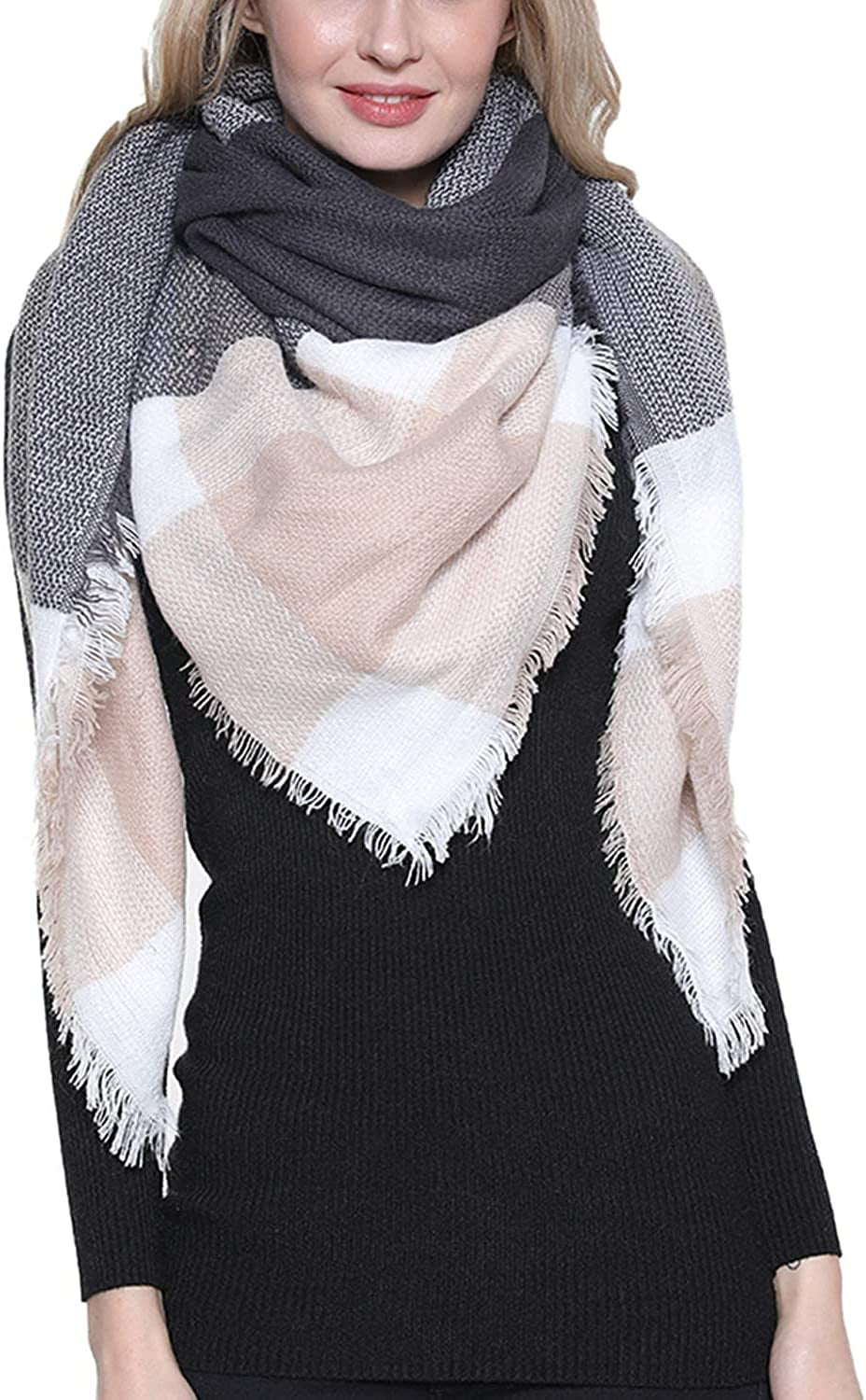 Dimore Trendy Plaid Blanket Scarf Women Big Oversized Long Scarves Apparel & Accessories > Clothing Accessories > Scarves & Shawls Dimore Grey Pink 2  