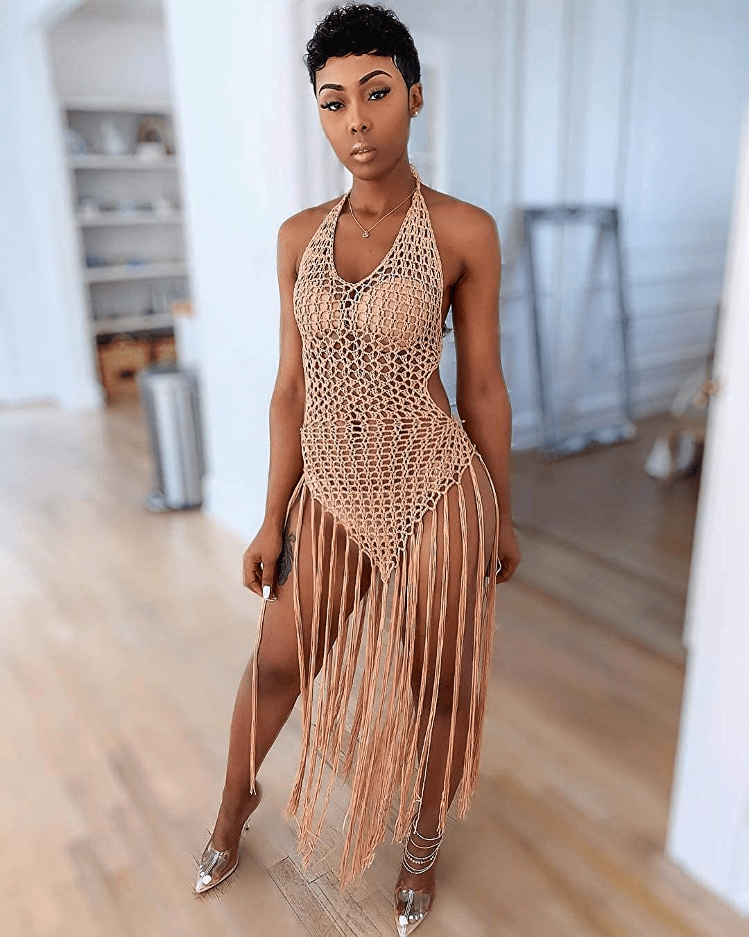 Acelyn Women'S Sexy Bathing Suit Handmade Crochet Tassel Bikini Cover up Swimsuit Summer Beach Dress Apparel & Accessories > Clothing > Swimwear Kylie Max   