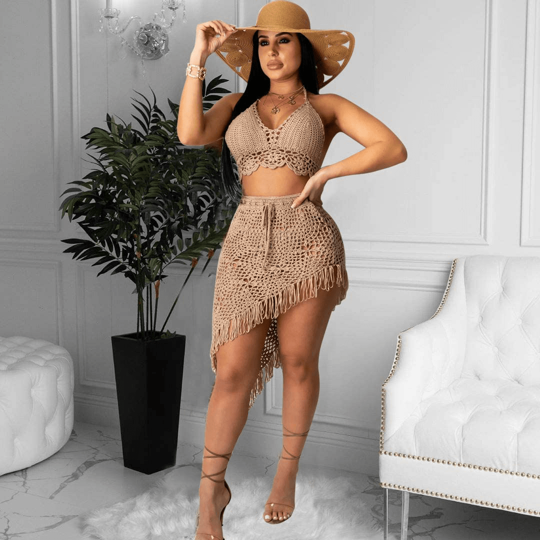 Acelyn Women'S Sexy Bathing Suit Handmade Crochet Tassel Bikini Cover up Swimsuit Summer Beach Dress Apparel & Accessories > Clothing > Swimwear Kylie Max   