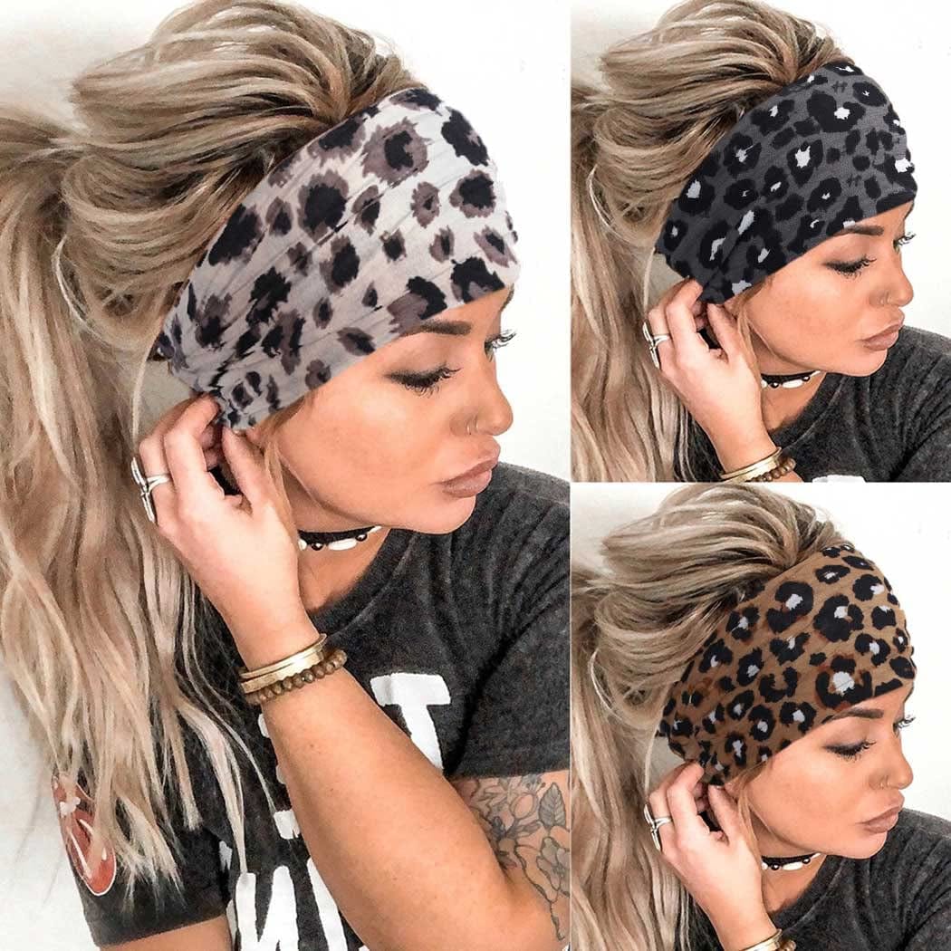 Aceorna Boho Headbands Wide Knot Hair Band Elastic Turban Head Band Stretch Leopard Twist Head Wraps Cloth Yoga Sweartband Fashion Hair Accessories for Women and Girls 3 Pcs (Set A) Apparel & Accessories > Clothing Accessories > Bandanas & Headties Aceorna Set M  
