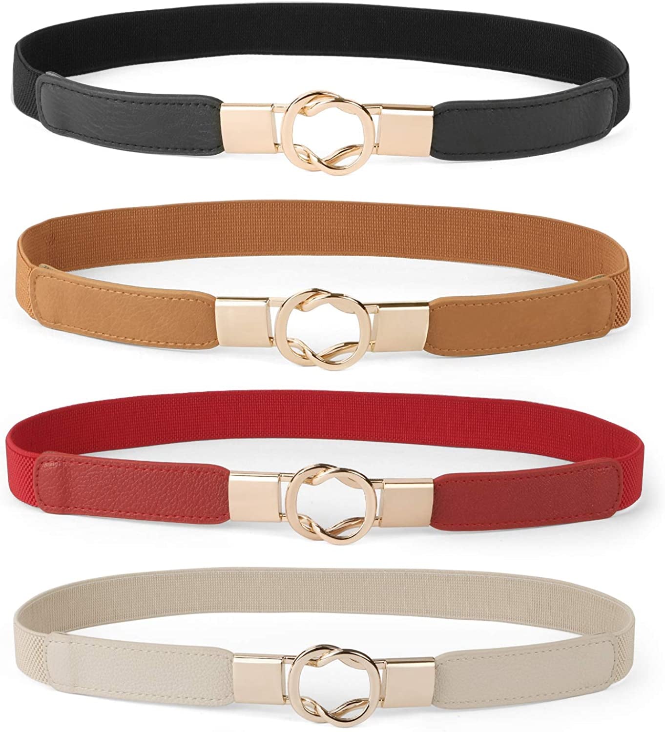 Women Skinny Belt for Dresses Retro Stretch Ladies Waist Belt plus Size Set of 4 Apparel & Accessories > Clothing Accessories > Belts WERFORU C-black+brown+red+beige Fits Waist 30"-42" 