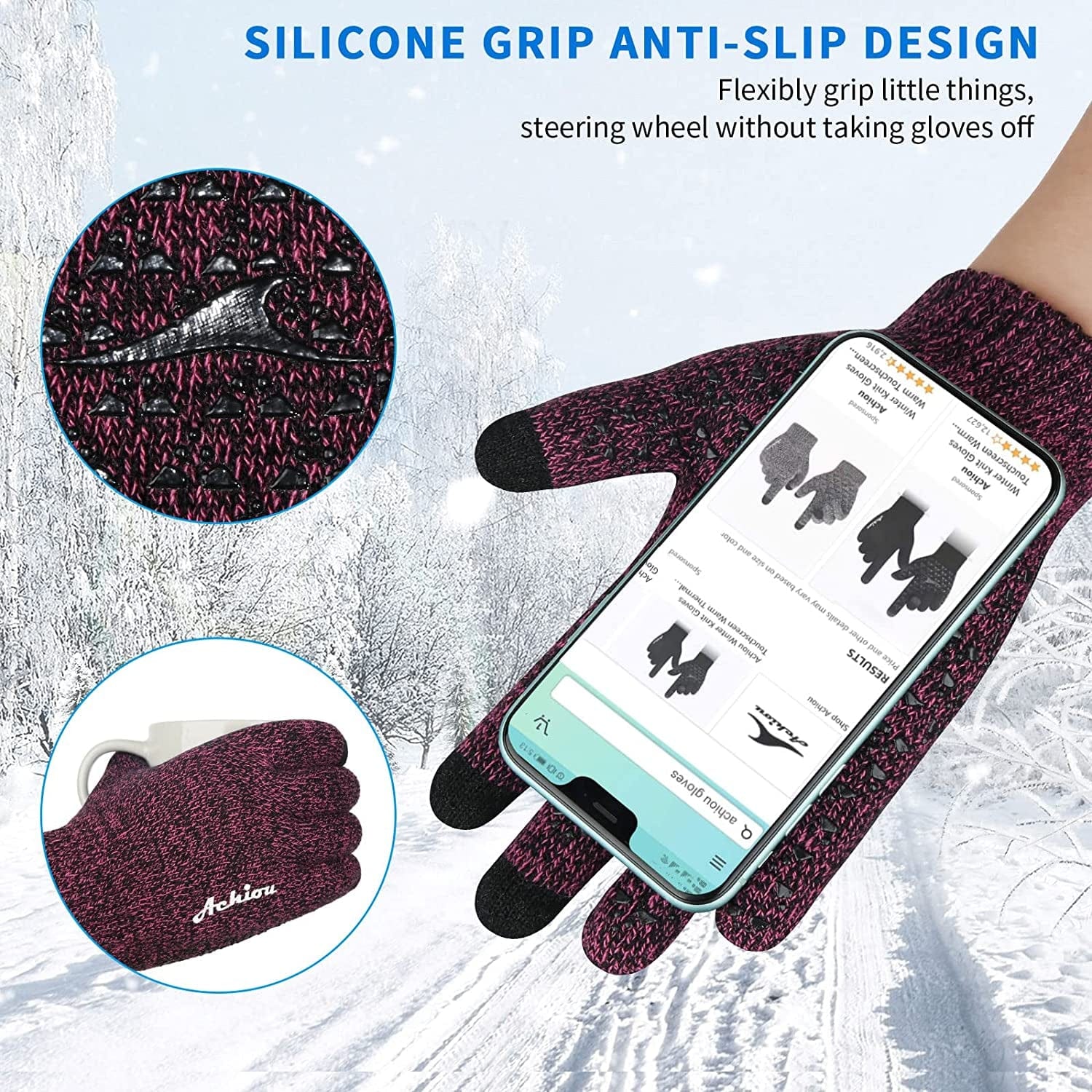 Achiou Winter Gloves for Men Women, Touch Screen Texting Warm Gloves with Thermal Soft Knit Lining,Elastic Cuff 3 Size Choice Apparel & Accessories > Clothing Accessories > Gloves & Mittens Achiou   