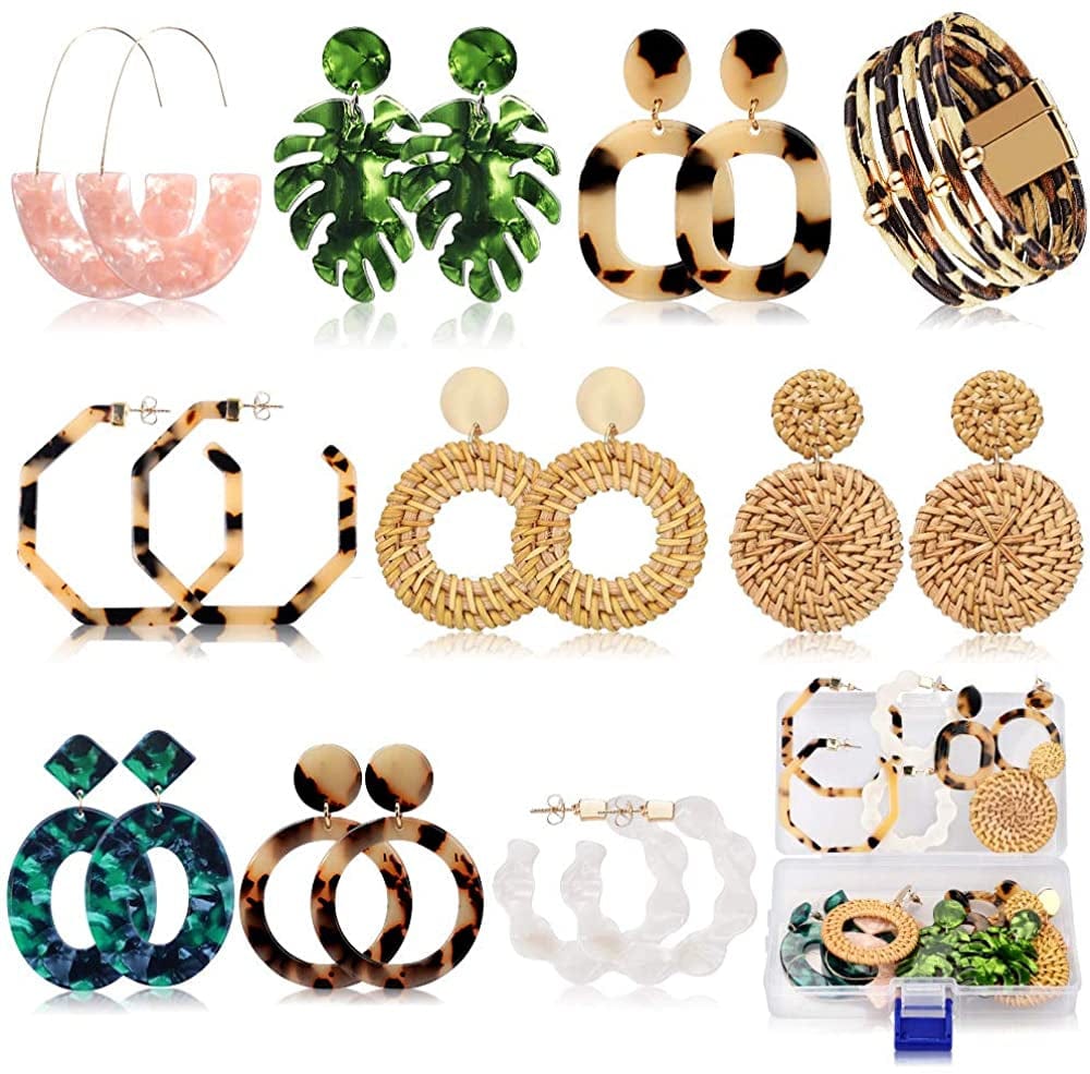 Acrylic Earrings for Women Girls Drop Dangle Leaf Earrings Bohemian Statement Earrings Costume Jewelry Set for Birthday Christmas Gifts(9 Pair Rattan Acrylic) Apparel & Accessories > Jewelry > Earrings FIFATA   