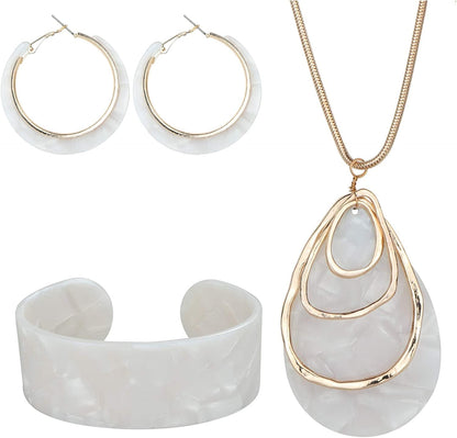 Acrylic Jewelry Set for Women Statement Boho Resin Earrings Necklace Bracelet D:White