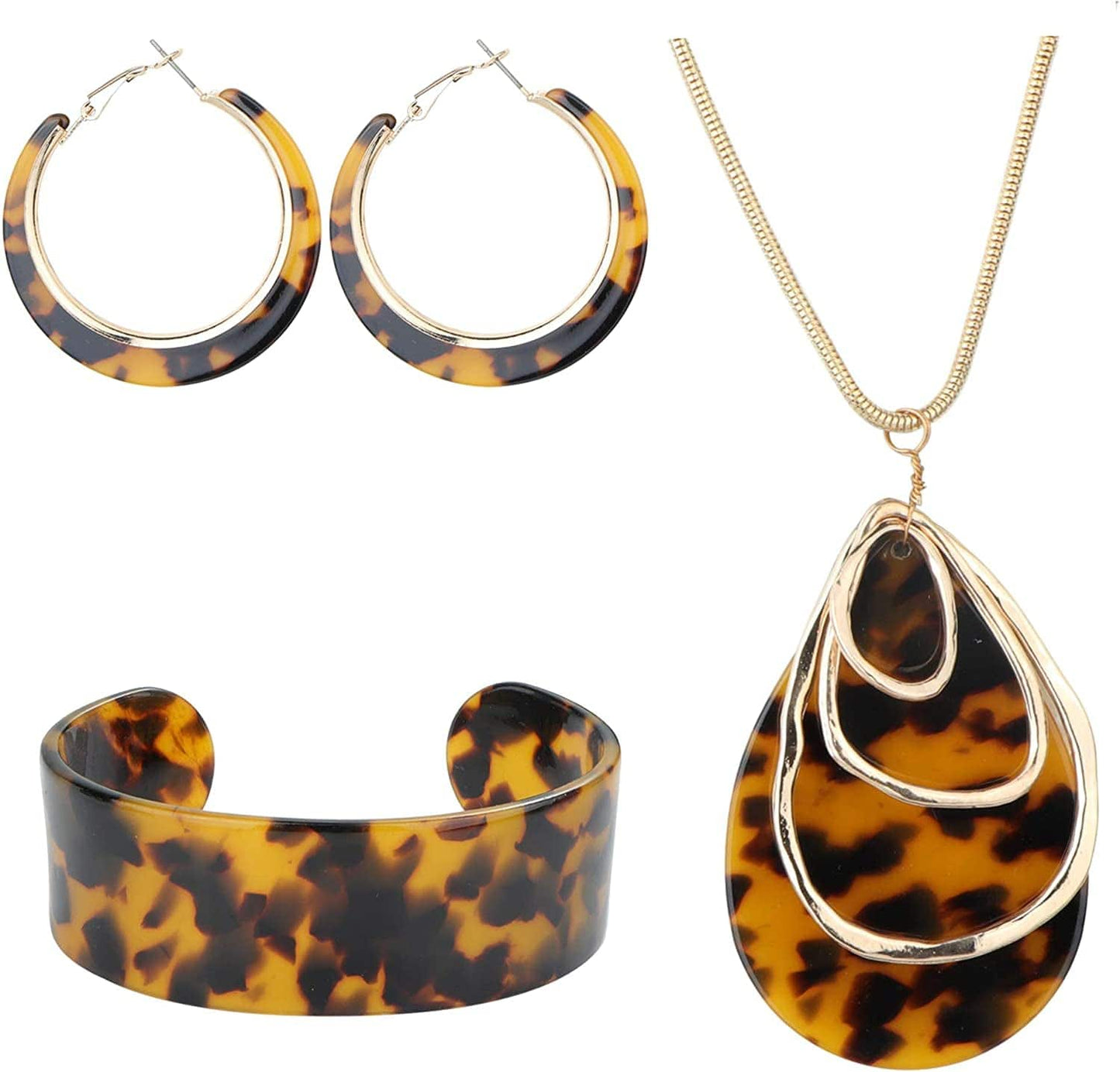 Acrylic Jewelry Set for Women Statement Boho Resin Earrings Necklace Bracelet B:Tortoise