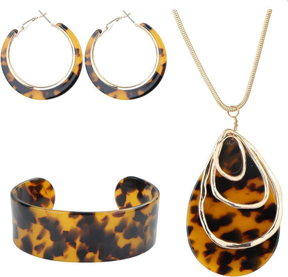 Acrylic Jewelry Set for Women Statement Boho Resin Earrings Necklace Bracelet B:Tortoise