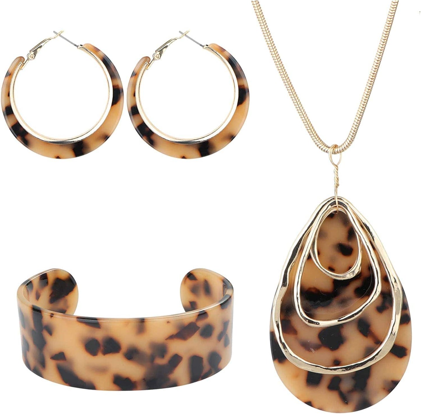Acrylic Jewelry Set for Women Statement Boho Resin Earrings Necklace Bracelet C:Leoperd