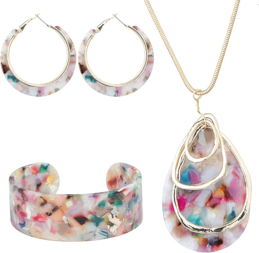 Acrylic Jewelry Set for Women Statement Boho Resin Earrings Necklace Bracelet A:Floral