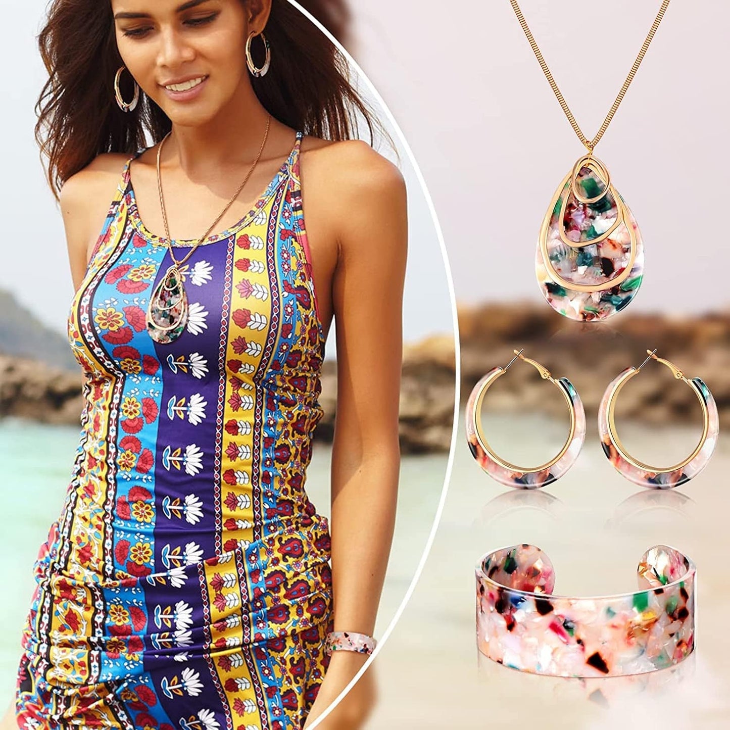 Acrylic Jewelry Set for Women Statement Earrings Necklace Bracelet Floral Necklace Set for Women