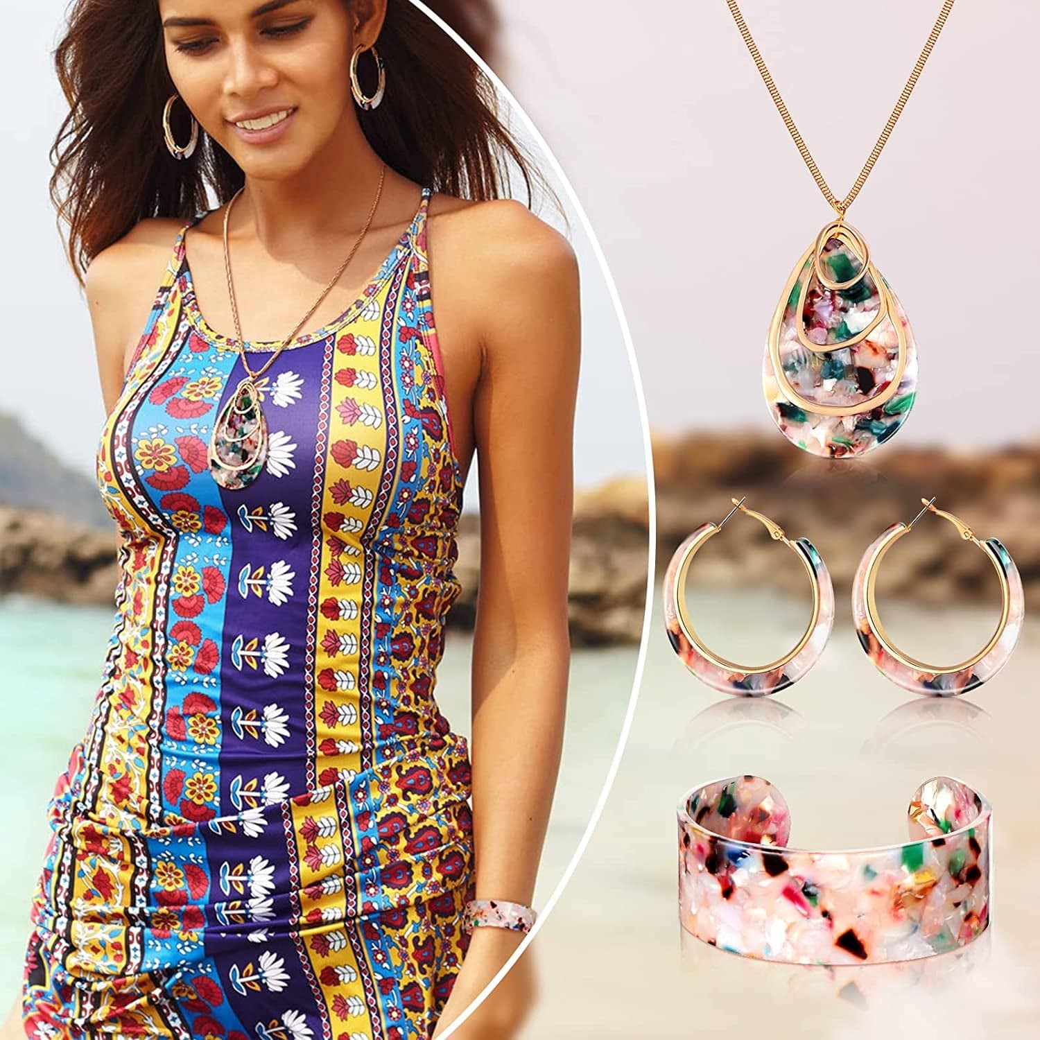 Acrylic Jewelry Set for Women Statement Earrings Necklace Bracelet Floral Necklace Set for Women