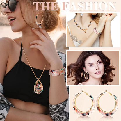 Acrylic Jewelry Set for Women Statement Earrings Necklace Bracelet Floral Necklace Set for Women