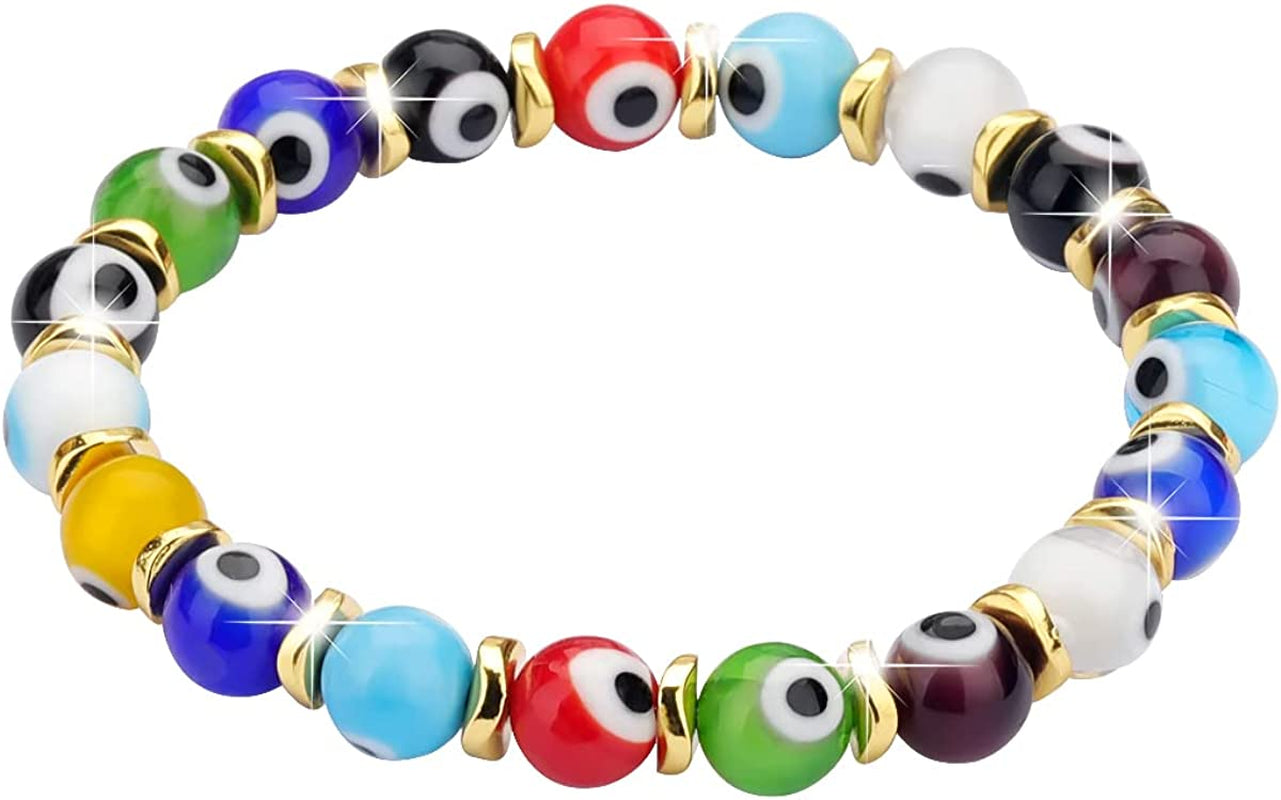 JUVJEW Evil Eye Bracelets for Women Protect 8Mm Ojo Glass Beaded Protection Stretch Braclet Jewelry Apparel & Accessories > Jewelry > Bracelets JUVJEW colourful-Gold  