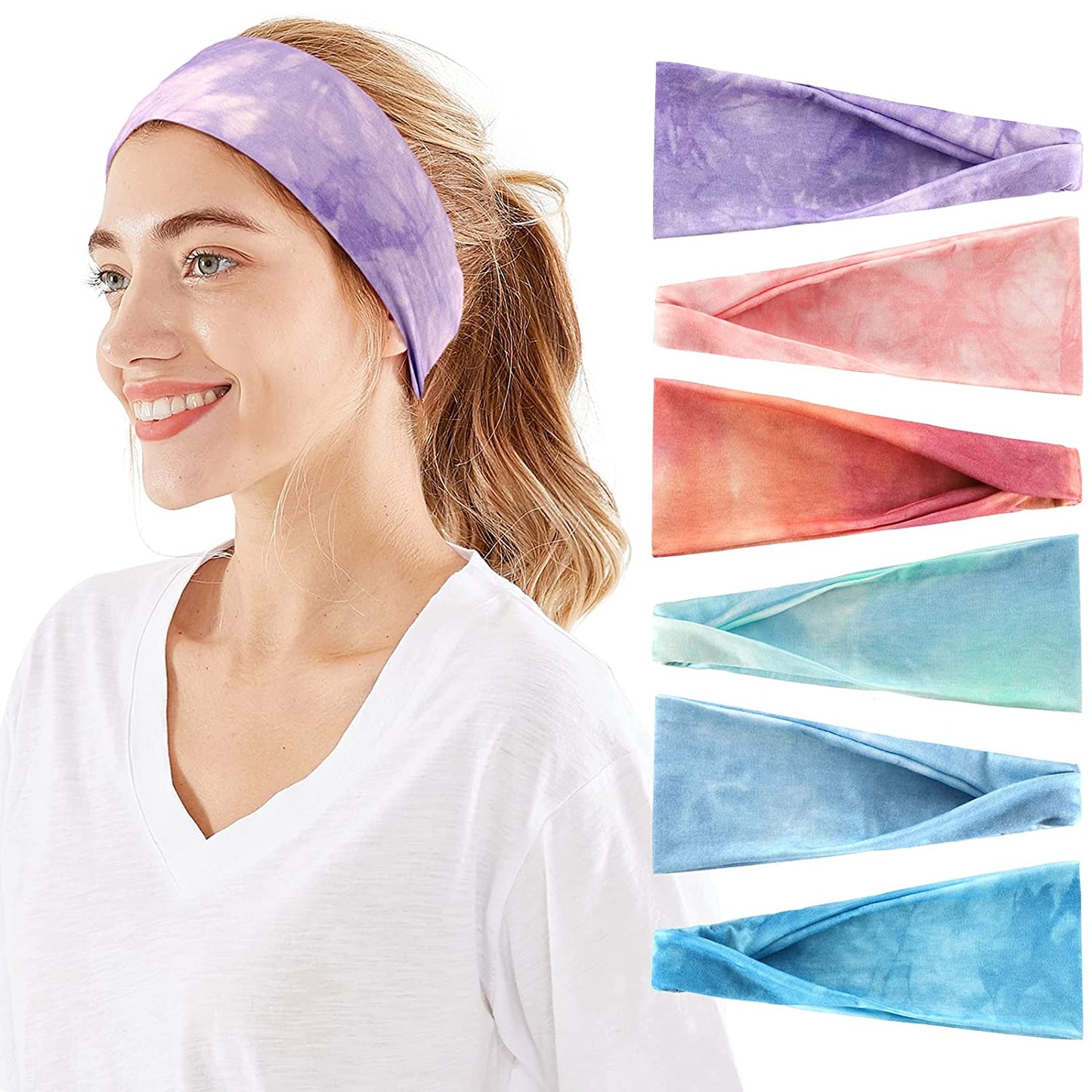 Headbands for Women, 6 PCS Yoga Running Sports Headbands Tie Dye Boho Pattern Elastic Non Slip Sweat Workout Hair Fashion Bands for Girls Apparel & Accessories > Clothing Accessories > Bandanas & Headties OFFTESTY Headbands Color-13  