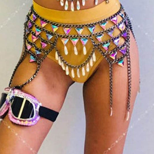 Salliy Boho Rhinestone Bikini Chain Set Silver Sexy Sequins Mesh Body Chains Summer Bra Body Jewelry for Women and Girls (F) Apparel & Accessories > Jewelry > Body Jewelry Salliy   