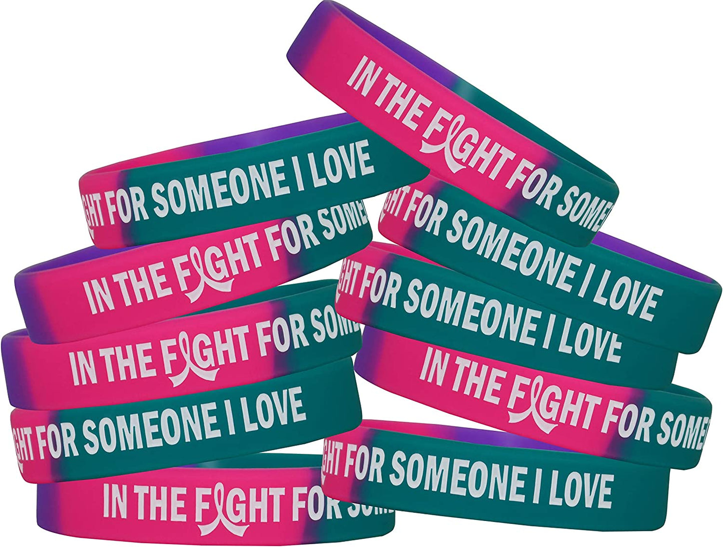 In the Fight for Someone I Love Silicone Wristband Bracelet Premium Quality 10-Pack (Assorted Colors) Apparel & Accessories > Jewelry > Bracelets Fight Like a Girl Teal, Purple, Pink  