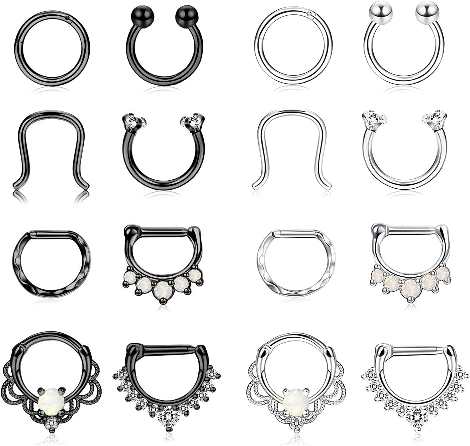 FINREZIO 16PCS 16G Stainless Steel Septum Piercing Nose Rings Hoop Tragus Cartilage Retainer Body Piercing Jewelry Apparel & Accessories > Jewelry > Rings FINREZIO Silver+Black  