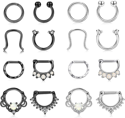 FINREZIO 16PCS 16G Stainless Steel Septum Piercing Nose Rings Hoop Tragus Cartilage Retainer Body Piercing Jewelry Apparel & Accessories > Jewelry > Rings FINREZIO Silver+Black  