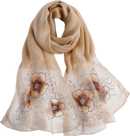 WINCESS YU Women Mulberry Silk Scarf Long & Large Embroidered Floral Pattern Shawl and Wraps Neckerchief for Hair & Neck Apparel & Accessories > Clothing Accessories > Scarves & Shawls WINCESS.YU Sunflower Camel  