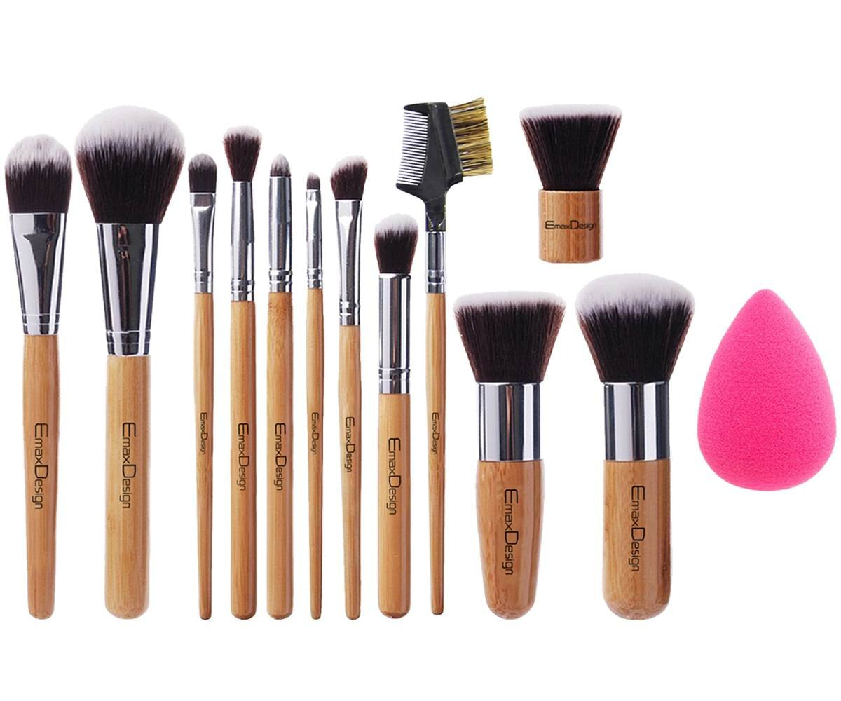 Emaxdesign 12 Pieces Makeup Brush Set Professional Bamboo Handle Premium Synthetic Kabuki Foundation Blending Blush Concealer Eye Face Liquid Powder Cream Cosmetics Brushes Kit with Bag Health & Beauty > Personal Care > Cosmetics > Cosmetic Tools > Makeup Tools EmaxDesign Bamboo Brushes + Red Blender  