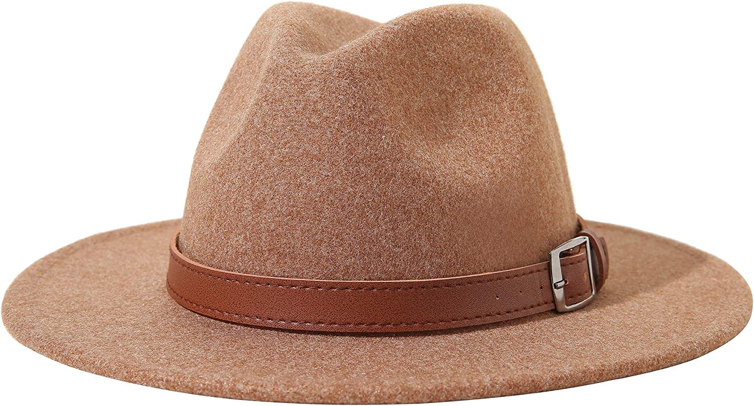 Lanzom Women Lady Felt Fedora Hat Wide Brim Wool Panama Hats with Band Apparel & Accessories > Clothing Accessories > Hats Lanzom B-khaki  