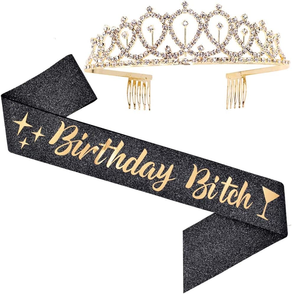 Adbetty Birthday Sash - Birthday Gifts for Women Birthday Girl Sash Fun Party Favors (Black/Gold) Apparel & Accessories > Clothing Accessories > Sashes ADBetty Sash&tiara  
