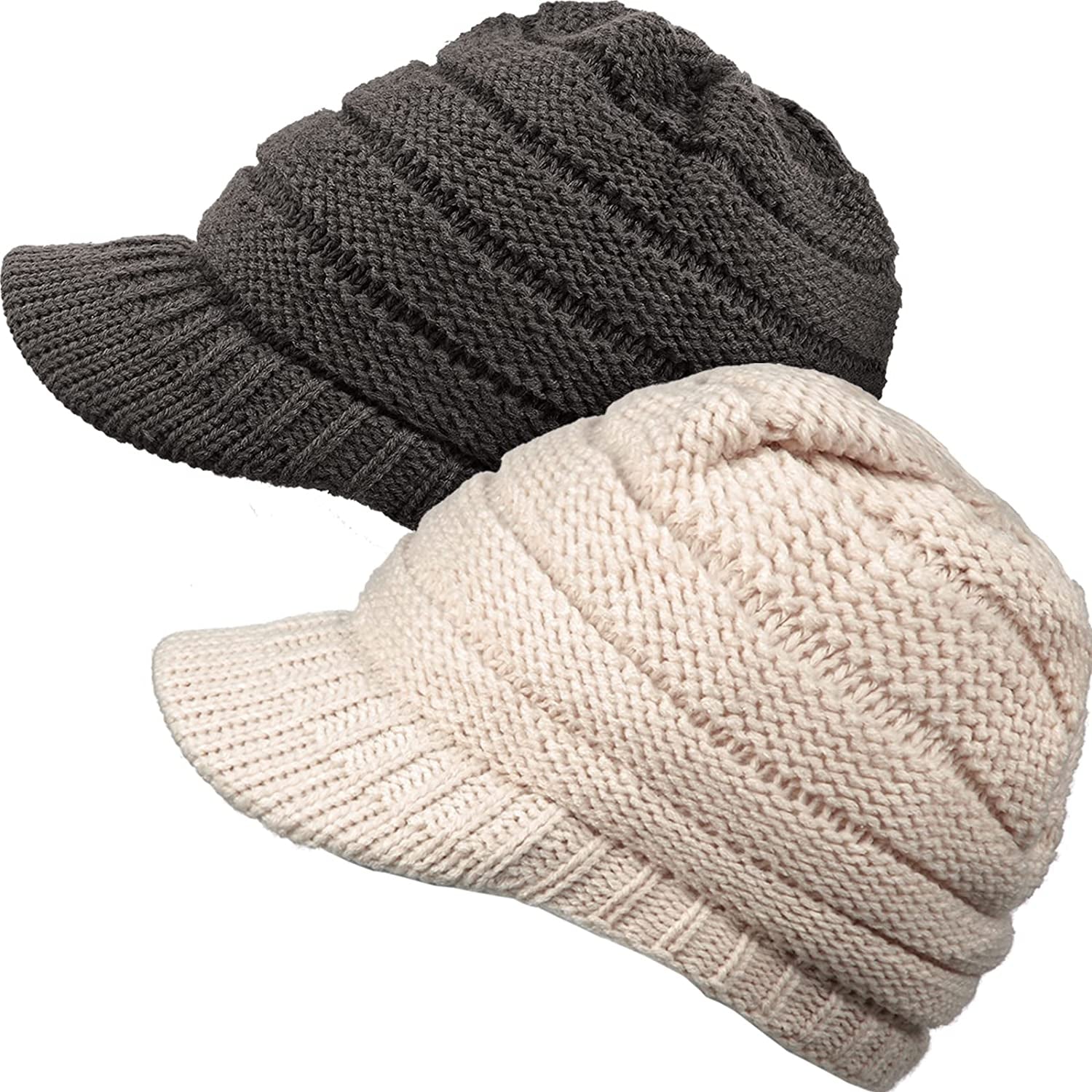 SATINIOR Women Winter Knit Hat Winter Brim Beanie Hats for Women Slouchy Beanie Cap with Visor Warm Newsboy Skull Cap Apparel & Accessories > Clothing Accessories > Hats SATINIOR Dark Gray, Beige 2 