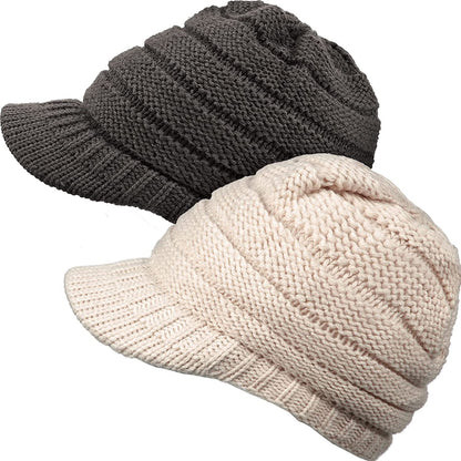 SATINIOR Women Winter Knit Hat Winter Brim Beanie Hats for Women Slouchy Beanie Cap with Visor Warm Newsboy Skull Cap Apparel & Accessories > Clothing Accessories > Hats SATINIOR Dark Gray, Beige 2 