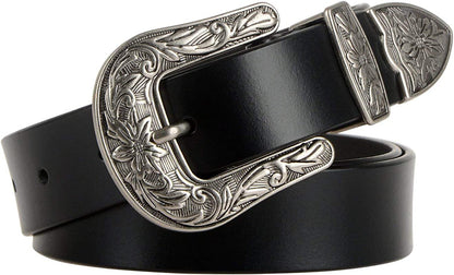 Women Leather Belts Ladies Vintage Western Design Black Waist Belt for Pants Jeans Dresses Apparel & Accessories > Clothing Accessories > Belts KYLIE MAX A-black Suit Waist Size 43"-46" 
