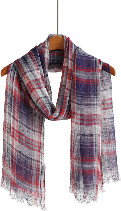 Jeelow Lightweight Summer Scarf Light Shawl Wrap Linen Feel Scarves for Men and Women Apparel & Accessories > Clothing Accessories > Scarves & Shawls Jeelow Linen Blue Red Plaid  