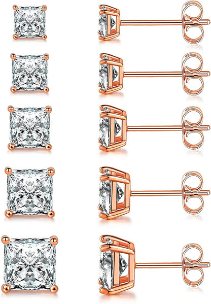 MDFUN 18K White Gold Plated Princess Cut Clear Cubic Zirconia Stud Earring Pack of 5 Pairs Apparel & Accessories > Jewelry > Earrings MDFUN C-Rose Gold Plated  