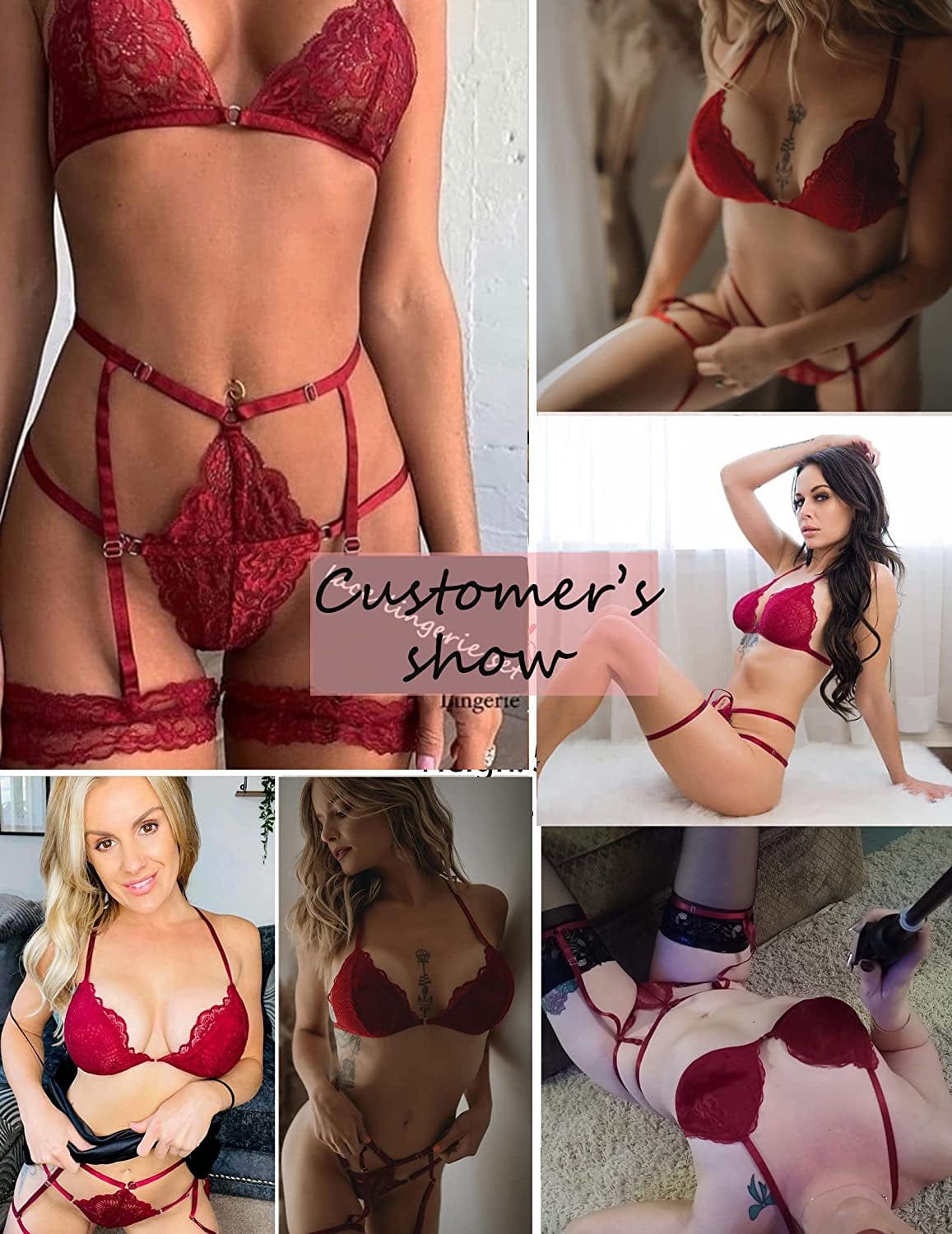 ADOME Garter Lingerie for Women Lace Bralette and Panty Sexy Strappy 3 Piece Bodysuit
