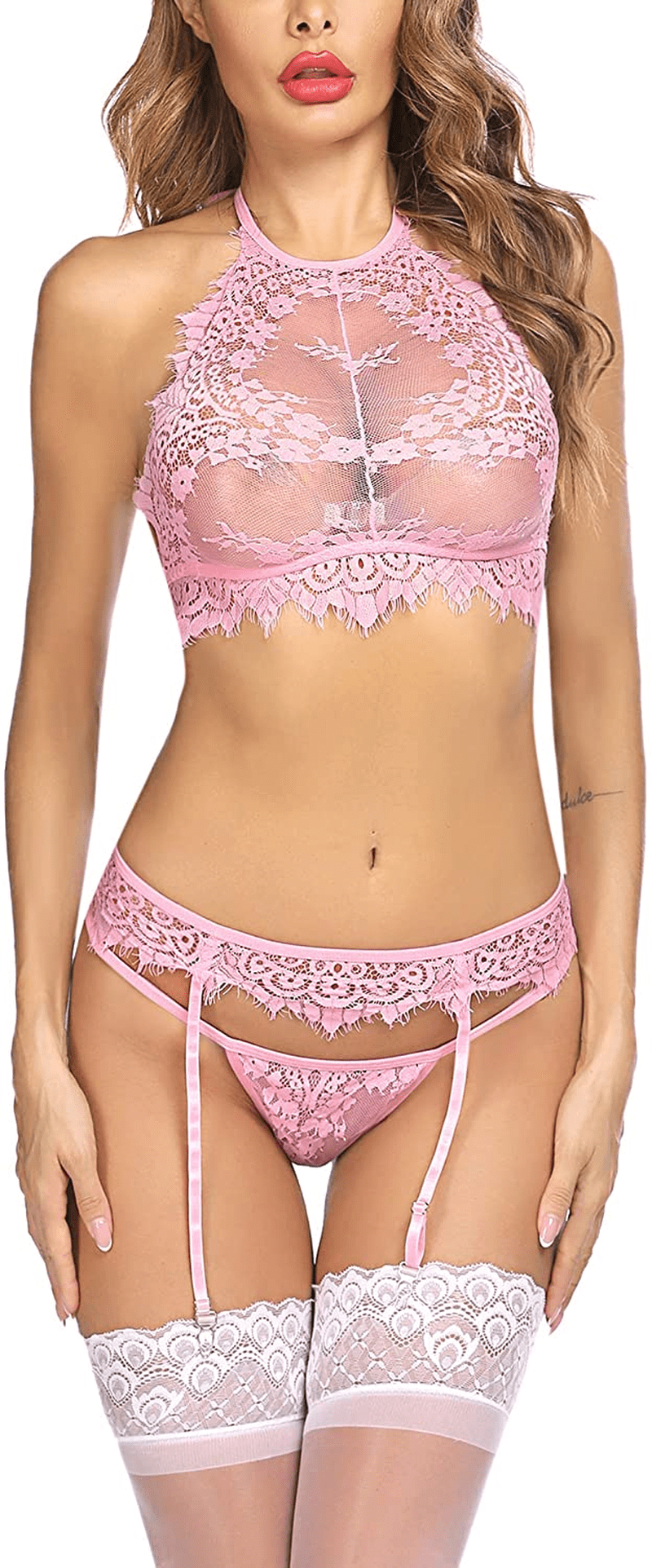 ADOME Lingerie for Women Garter Belt Lingerie Set Sexy Bra and Panty Nightwear Outfit Apparel & Accessories > Clothing > Underwear & Socks > Lingerie ADOME Pink Large 