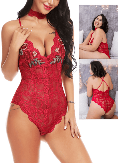 ADOME Lingerie For Women Lingerie Bodysuit Embroidered Lace Teddy with Choker One Piece Babydoll Apparel & Accessories > Clothing > Underwear & Socks > Lingerie ADOME   