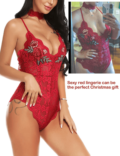 ADOME Lingerie For Women Lingerie Bodysuit Embroidered Lace Teddy with Choker One Piece Babydoll Apparel & Accessories > Clothing > Underwear & Socks > Lingerie ADOME   