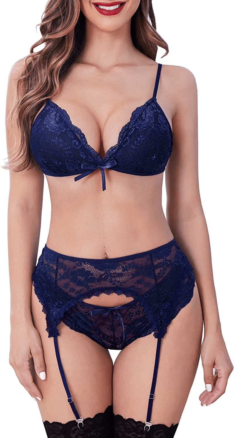 ADOME Women Garter Lingerie Sexy Lace Bralette and Panty Set Exotic Underwear Set with Garter Belt Apparel & Accessories > Clothing > Underwear & Socks > Lingerie ADOME Navy Blue XX-Large 
