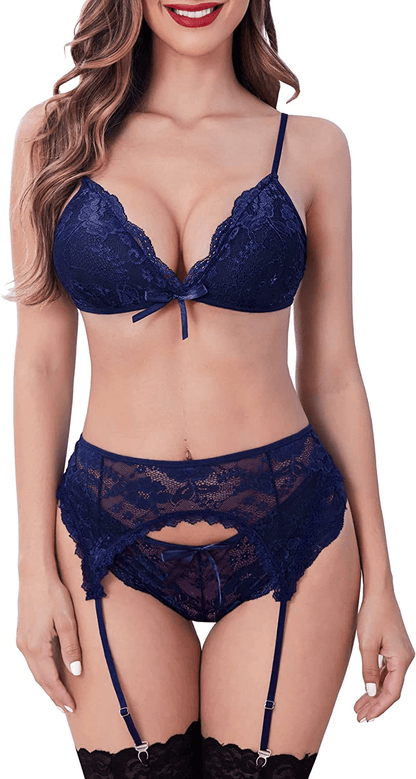 ADOME Women Garter Lingerie Sexy Lace Bralette and Panty Set Exotic Underwear Set with Garter Belt Apparel & Accessories > Clothing > Underwear & Socks > Lingerie ADOME Navy Blue XX-Large 