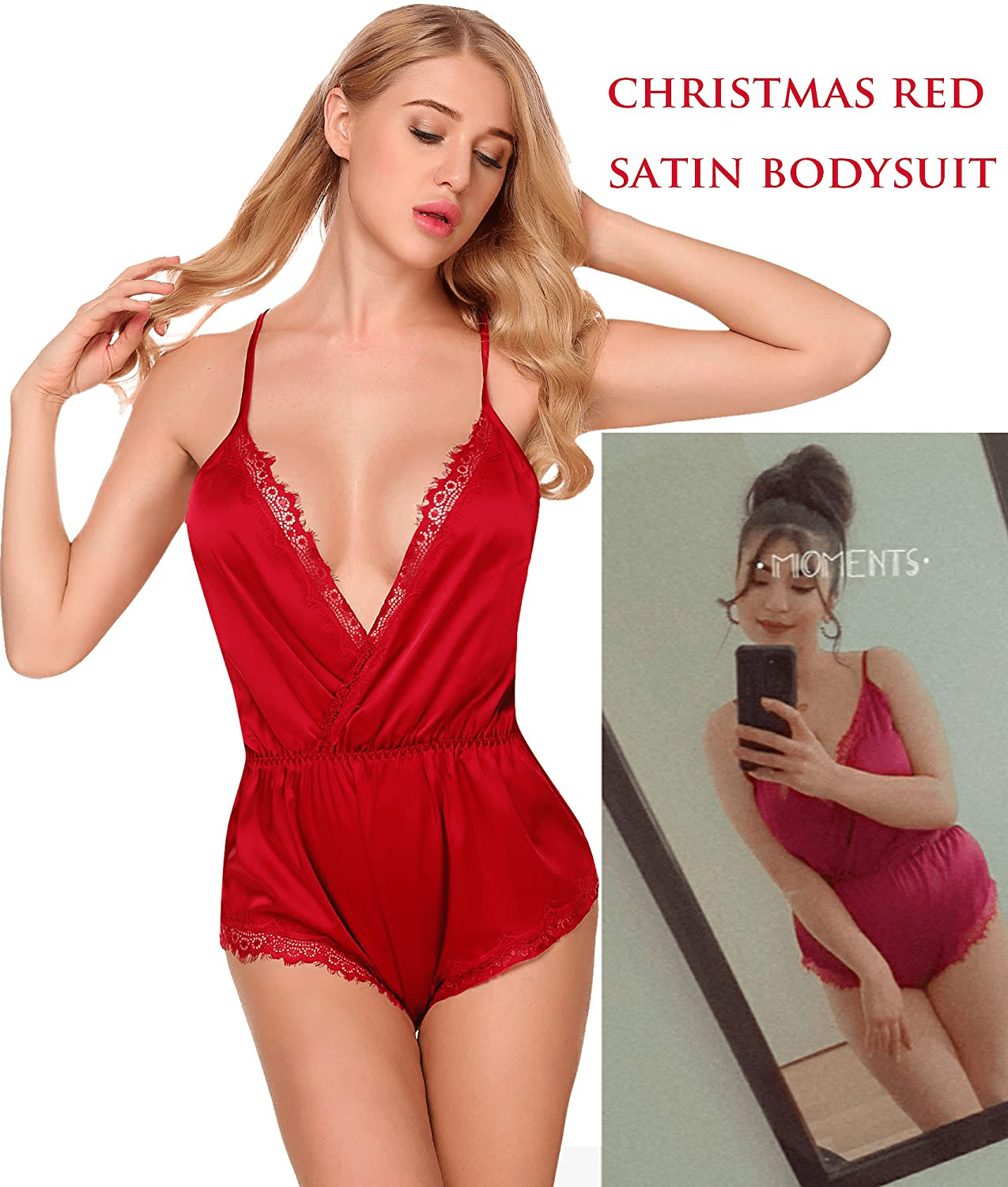 ADOME Women Lingerie Bodysuit V Neck Teddy Lace Babydoll Satin Pajamas Nightwear Apparel & Accessories > Clothing > Underwear & Socks > Lingerie ADOME   