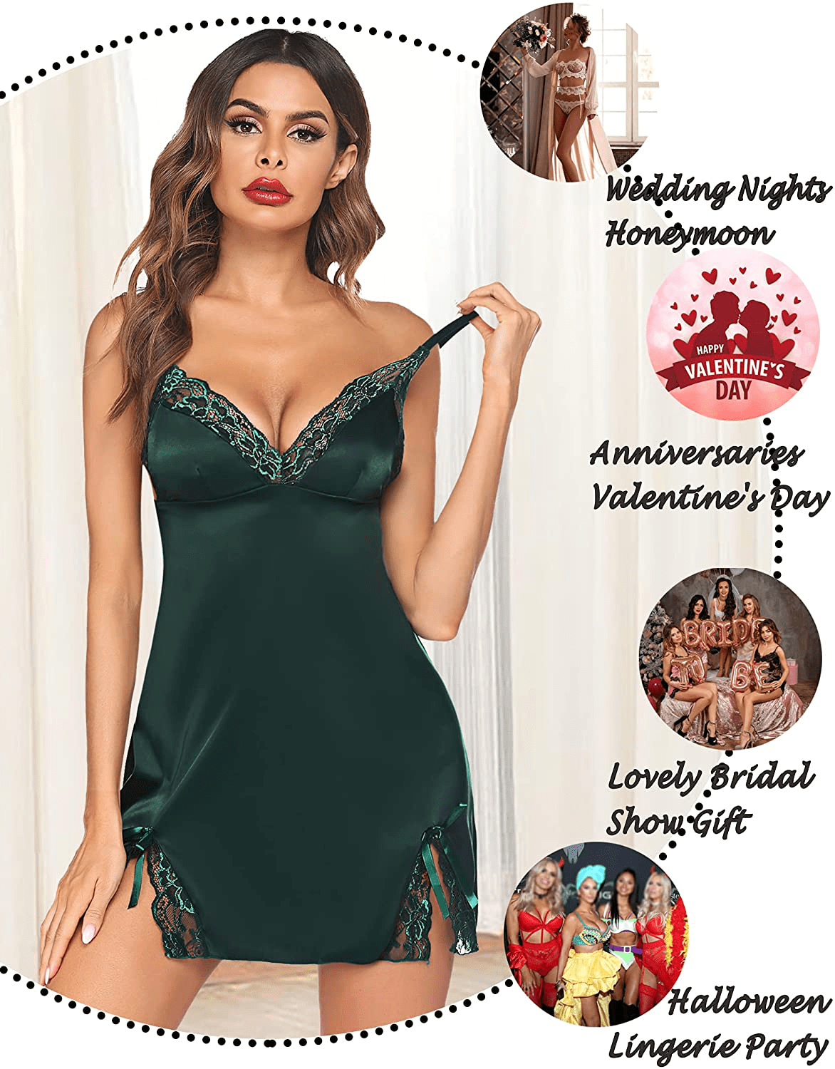 ADOME Women Lingerie Lace Chemise Nightgown Satin Babydoll Nightwear Silk Slip Dress Apparel & Accessories > Clothing > Underwear & Socks > Lingerie Kylie Max   