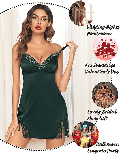 ADOME Women Lingerie Lace Chemise Nightgown Satin Babydoll Nightwear Silk Slip Dress Apparel & Accessories > Clothing > Underwear & Socks > Lingerie Kylie Max   