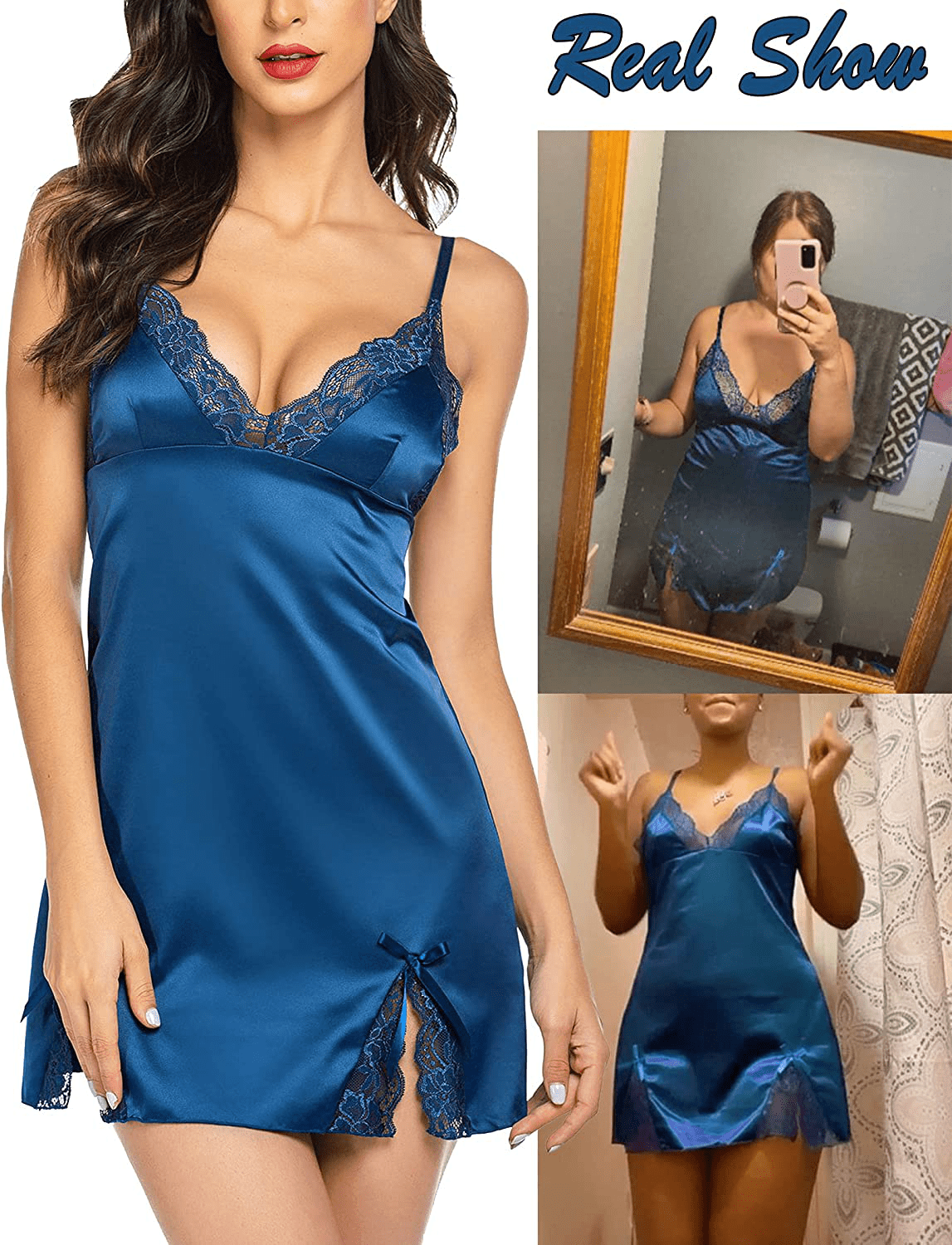ADOME Women Lingerie Lace Chemise Nightgown Satin Babydoll Nightwear Silk Slip Dress Apparel & Accessories > Clothing > Underwear & Socks > Lingerie Kylie Max   
