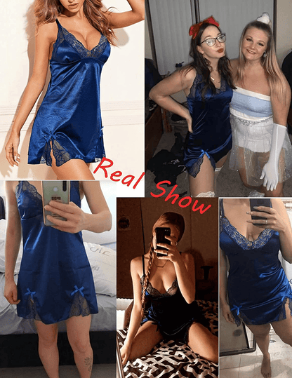 ADOME Women Lingerie Lace Chemise Nightgown Satin Babydoll Nightwear Silk Slip Dress Apparel & Accessories > Clothing > Underwear & Socks > Lingerie Kylie Max   