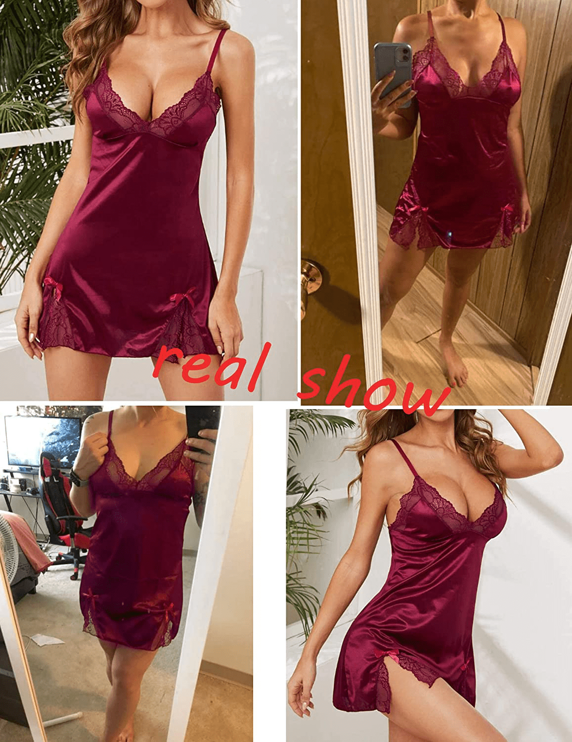 ADOME Women Lingerie Lace Chemise Nightgown Satin Babydoll Nightwear Silk Slip Dress Apparel & Accessories > Clothing > Underwear & Socks > Lingerie Kylie Max   