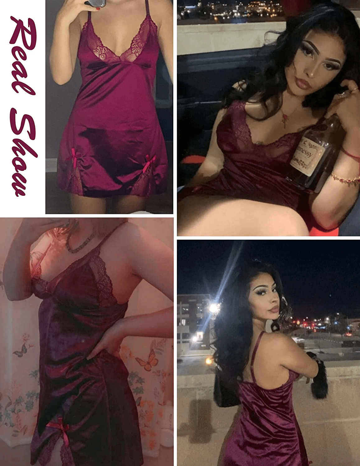 ADOME Women Lingerie Lace Chemise Nightgown Satin Babydoll Nightwear Silk Slip Dress Apparel & Accessories > Clothing > Underwear & Socks > Lingerie Kylie Max   
