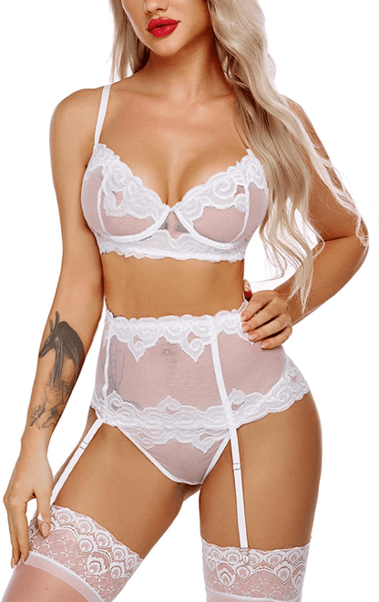ADOME Women Sexy Lingerie Set with Garter Bra and Panty Lace Underwire Lingerie Sets Apparel & Accessories > Clothing > Underwear & Socks > Lingerie ADOME White Medium 